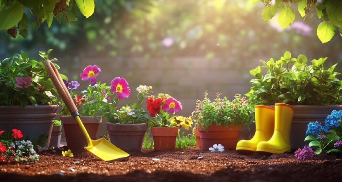 colorful-garden-area-with-flowers-tools-and-yellow-boots-basking-in-sunlight-during-spring-season-free-photo